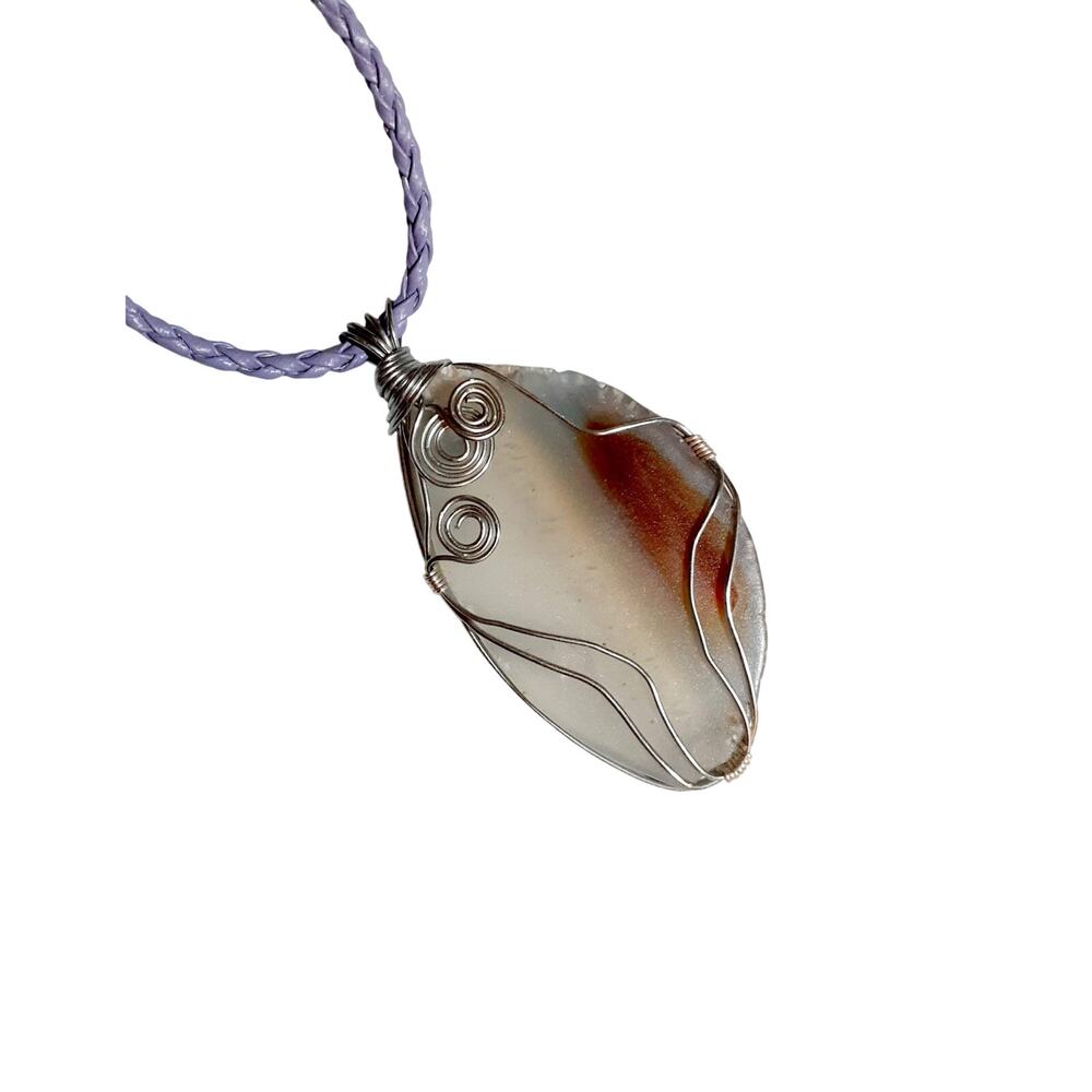 Wire Wrap Grey Agate Slice Pendant Necklace Handmade